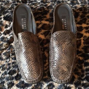 $ Stuart Weitzman Gray faux snakeskin mules